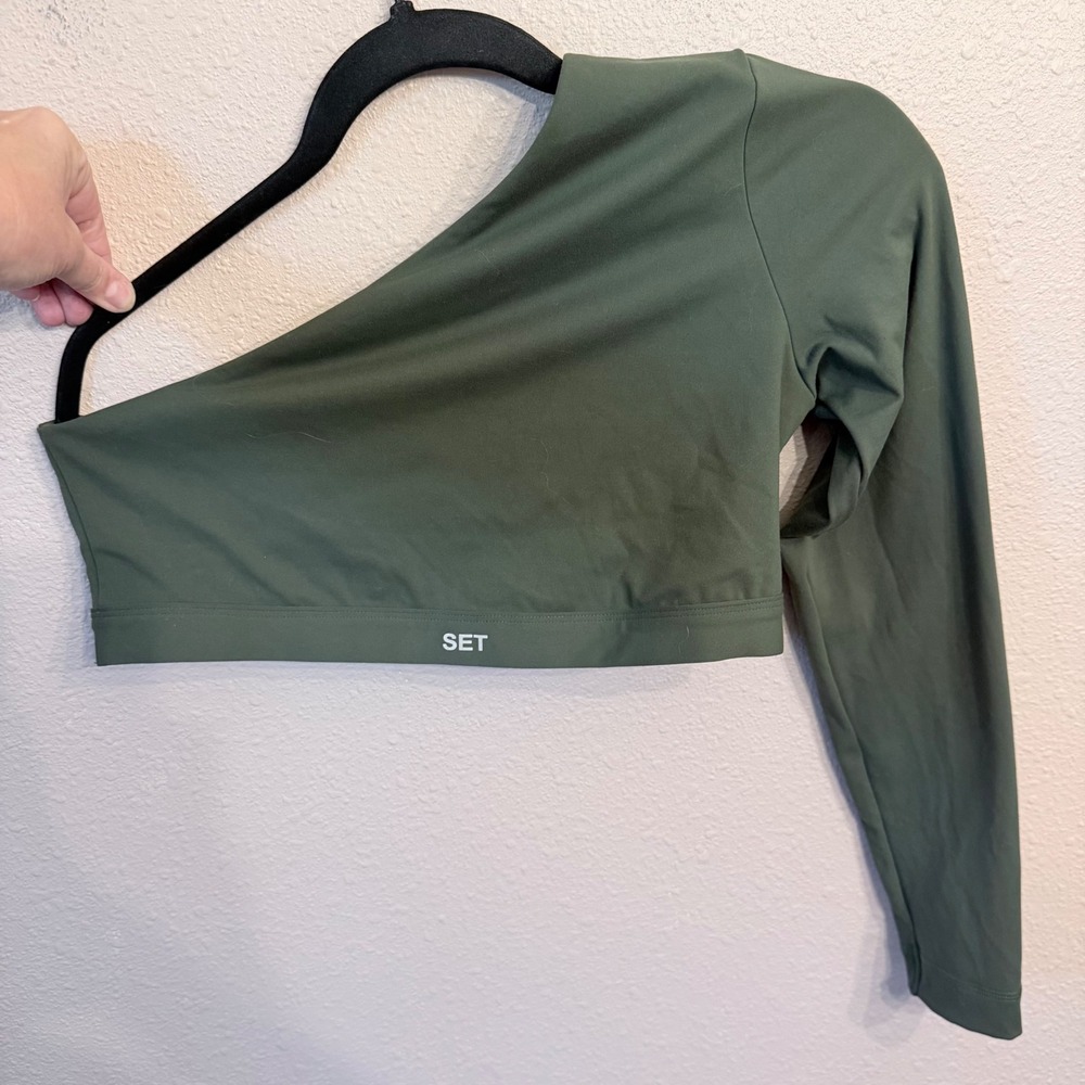 Set Active Sportbody One Shoulder Long Sleeve Crop Top Olive Green Size Large